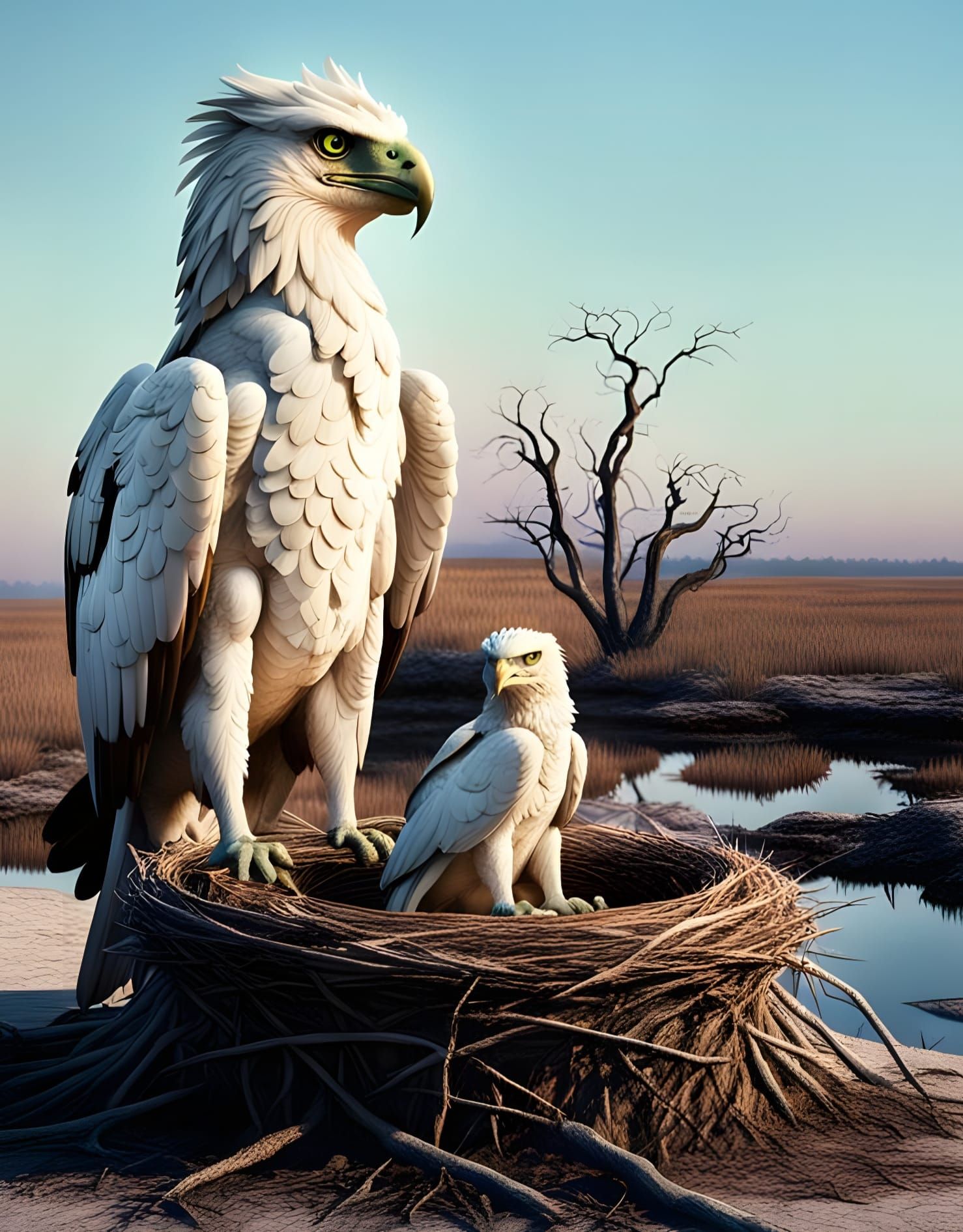 Iridescent Gryphon Nesting on Moonscape at Sunrise