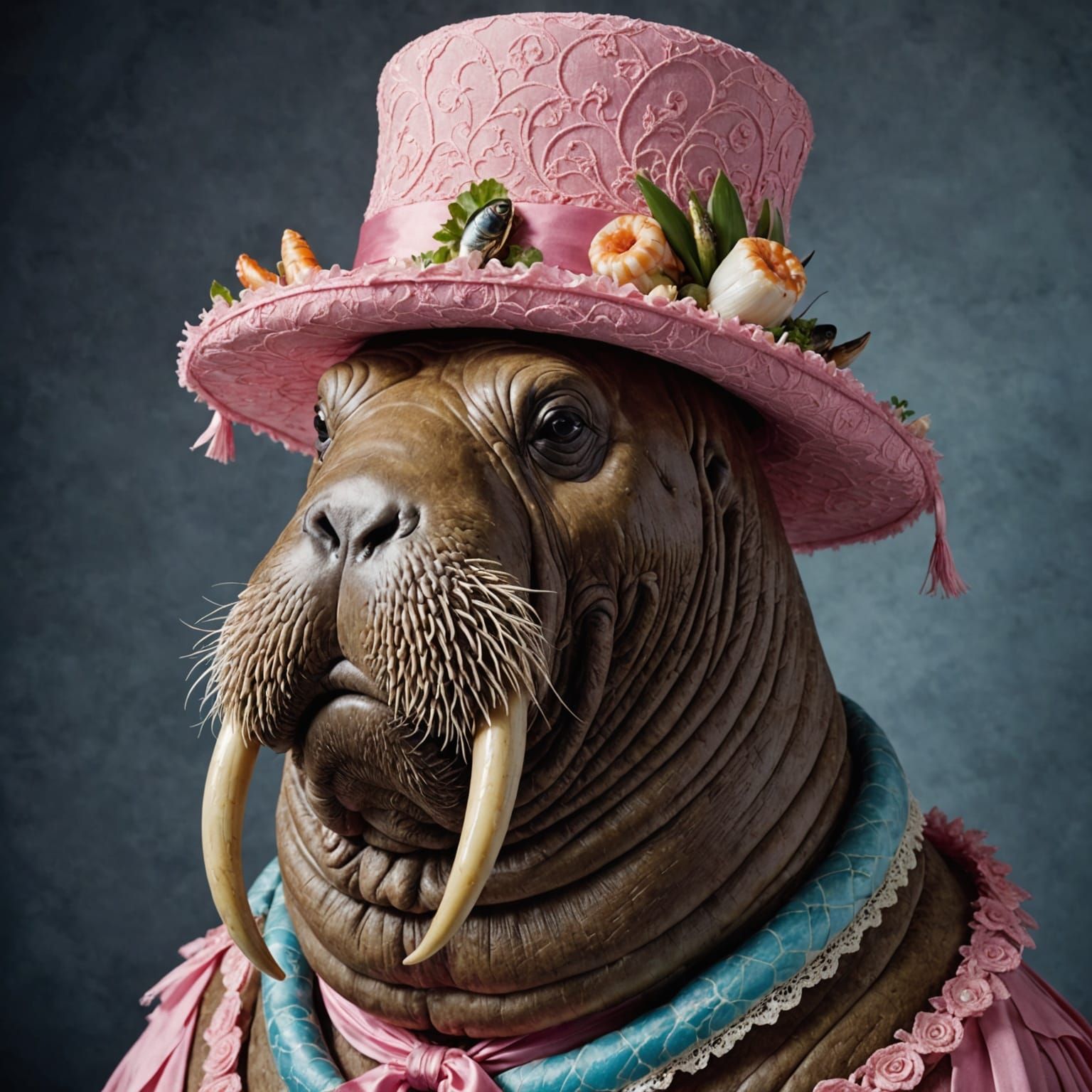 Colossal Walrus in Seafood Hat on Rocky Shore