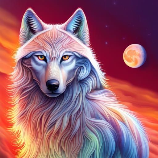 Colorful Girl Wolf and Full Moon Art