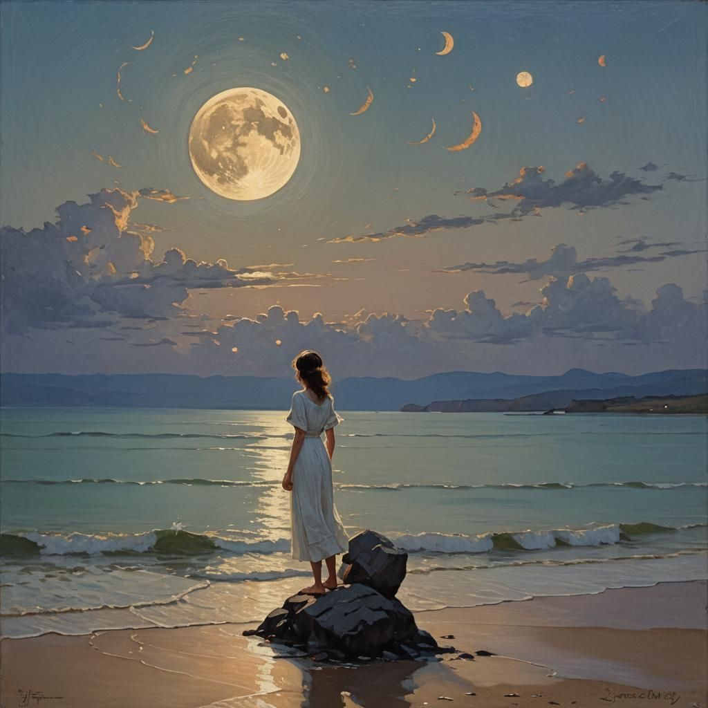 Enchanting Moonlit Summer Evening as Oil Painting