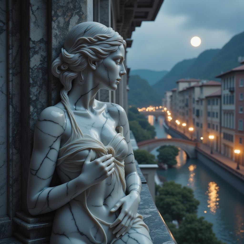 Marble Woman on Renaissance Balcony in Moonlight