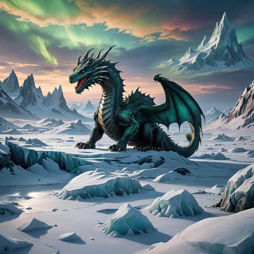 Dragon Camouflaged in Frozen Tundra with Aurora Sky