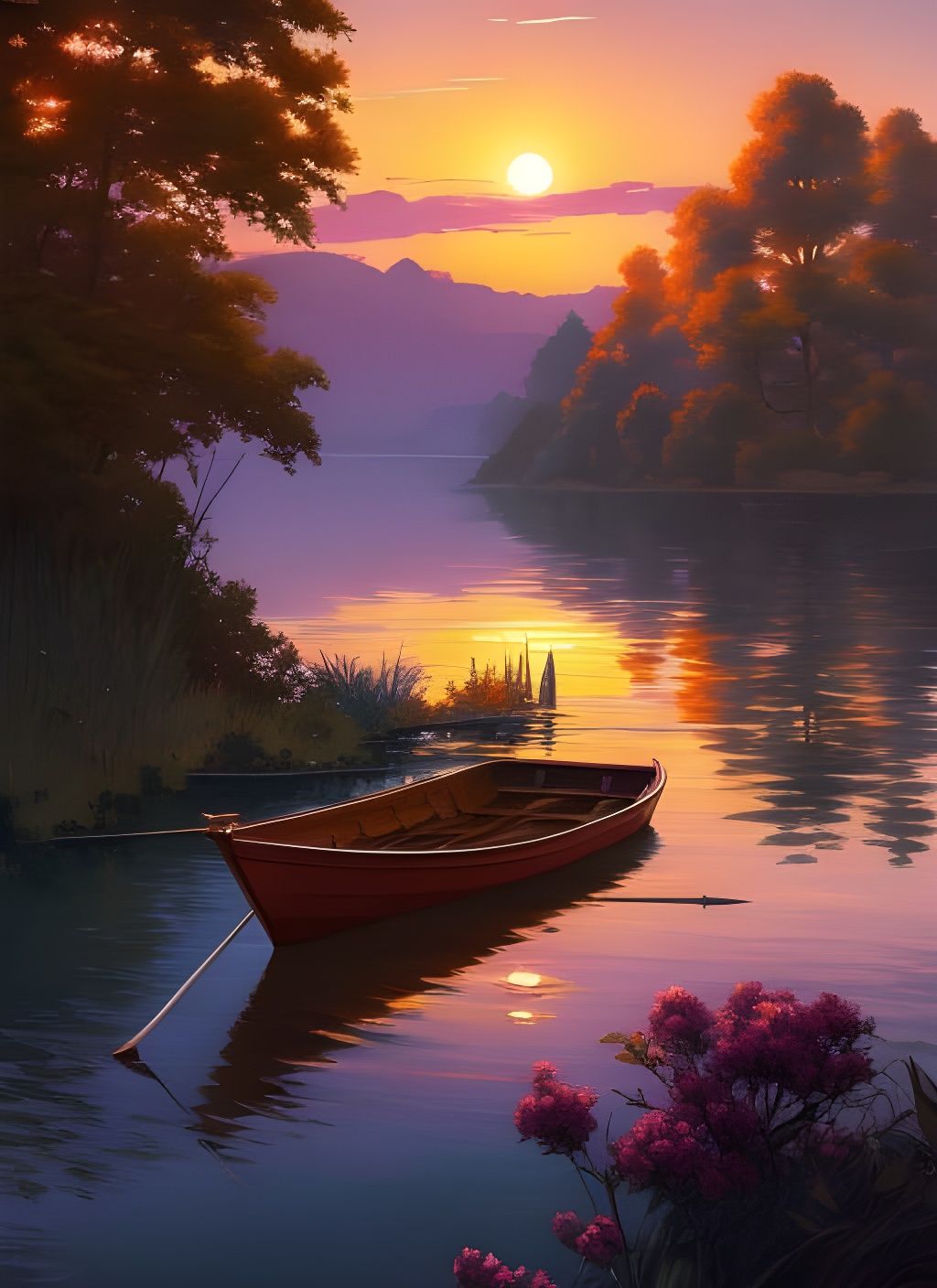 Boat on Lake at Sunset: Ghibli-Inspired Anime Art