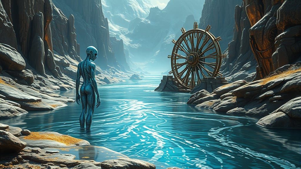 Futuristic Alien Landscape with Iridescent Being and Metalli...