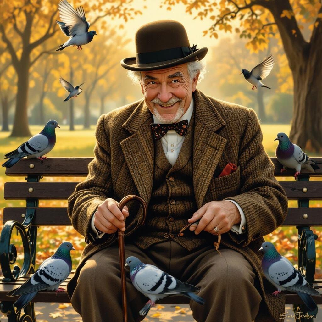 Heartwarming Elderly Gentleman Feeding Pigeons in Golden Lig...