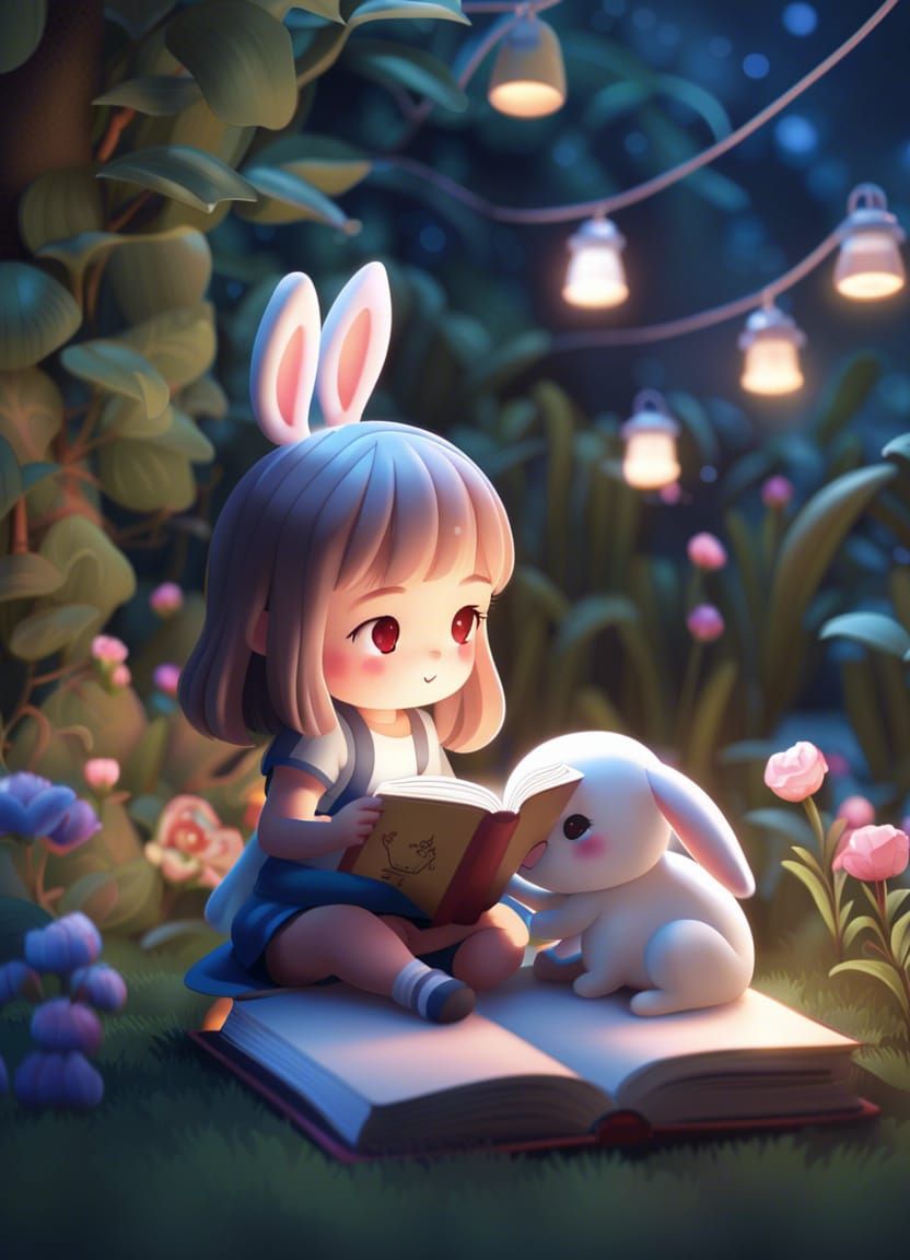 Chibi Girl reading with her Pets