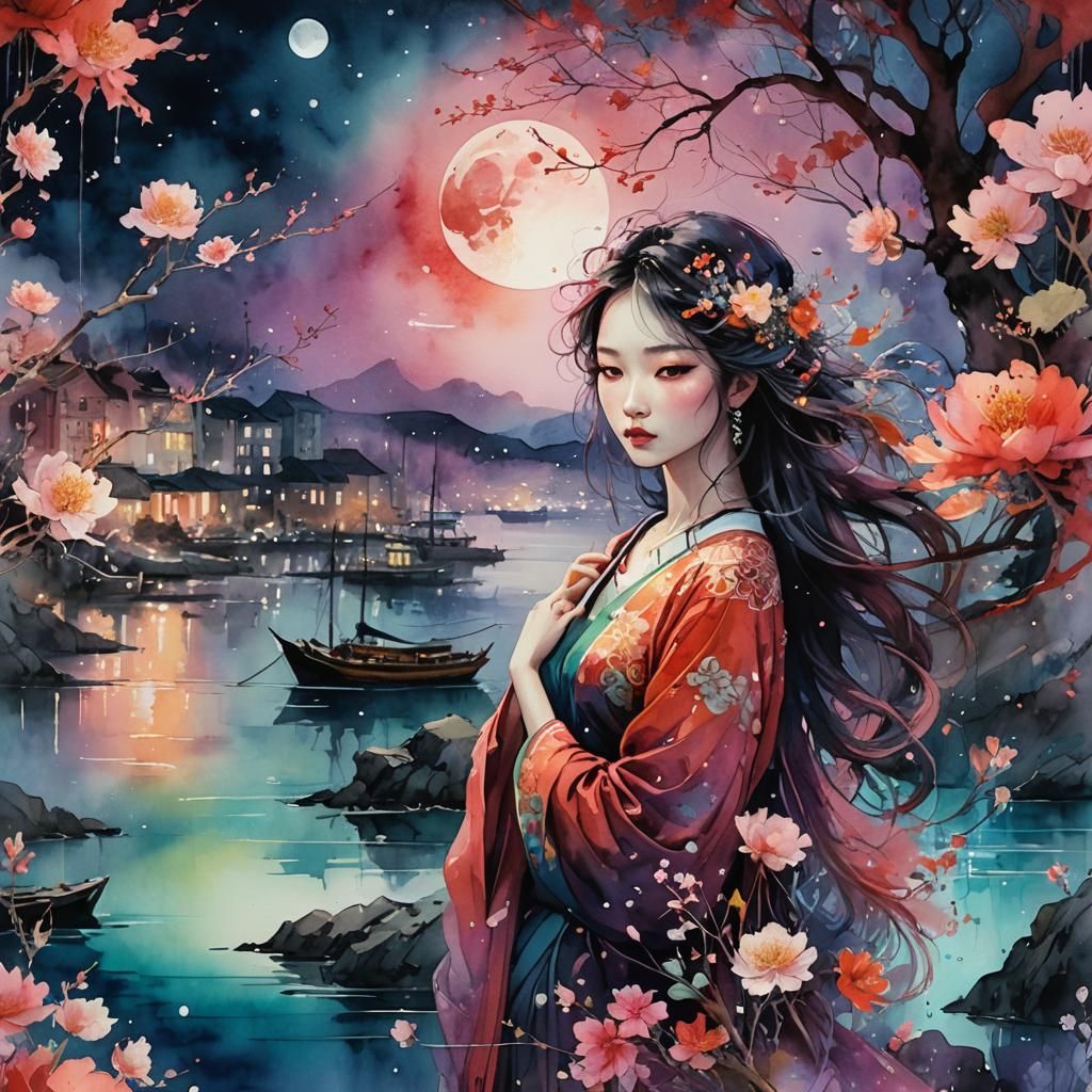 Night Harbor with Blood Moon in Watercolor Style