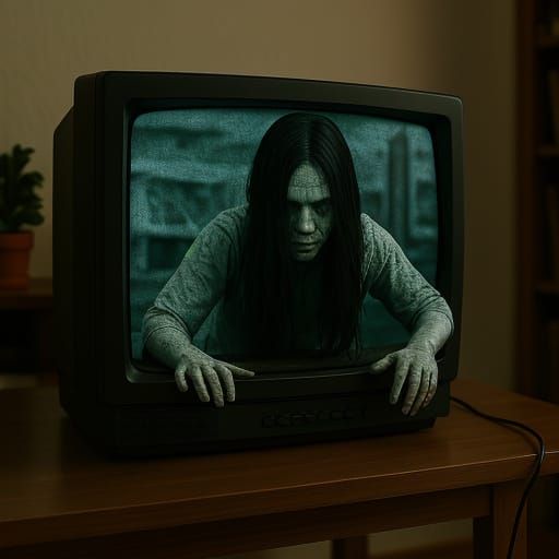 Woman Emerging from TV Screen in Photographic Style