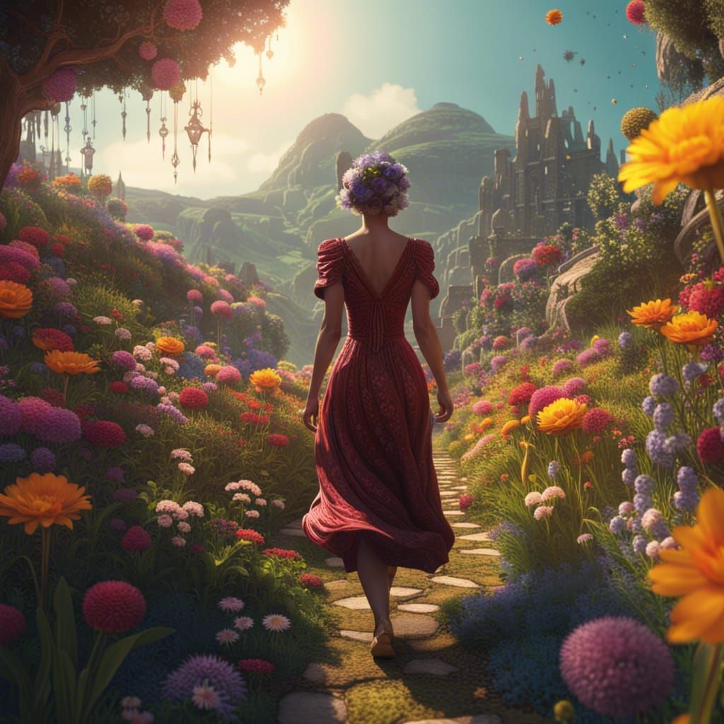 Woman Walking in a Surreal Fantasy Garden