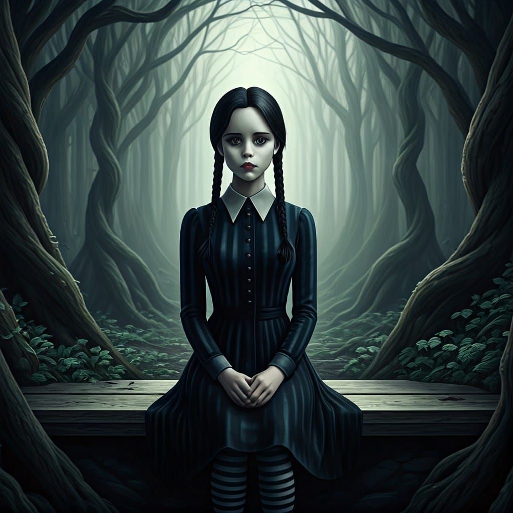Gothic Woman in Misty Forest, a Whimsical Illustration