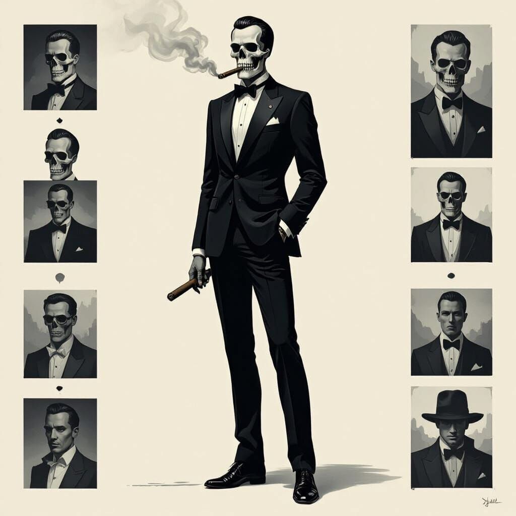 Skeleton in Suit with Cigar, Dark Photorealistic Style