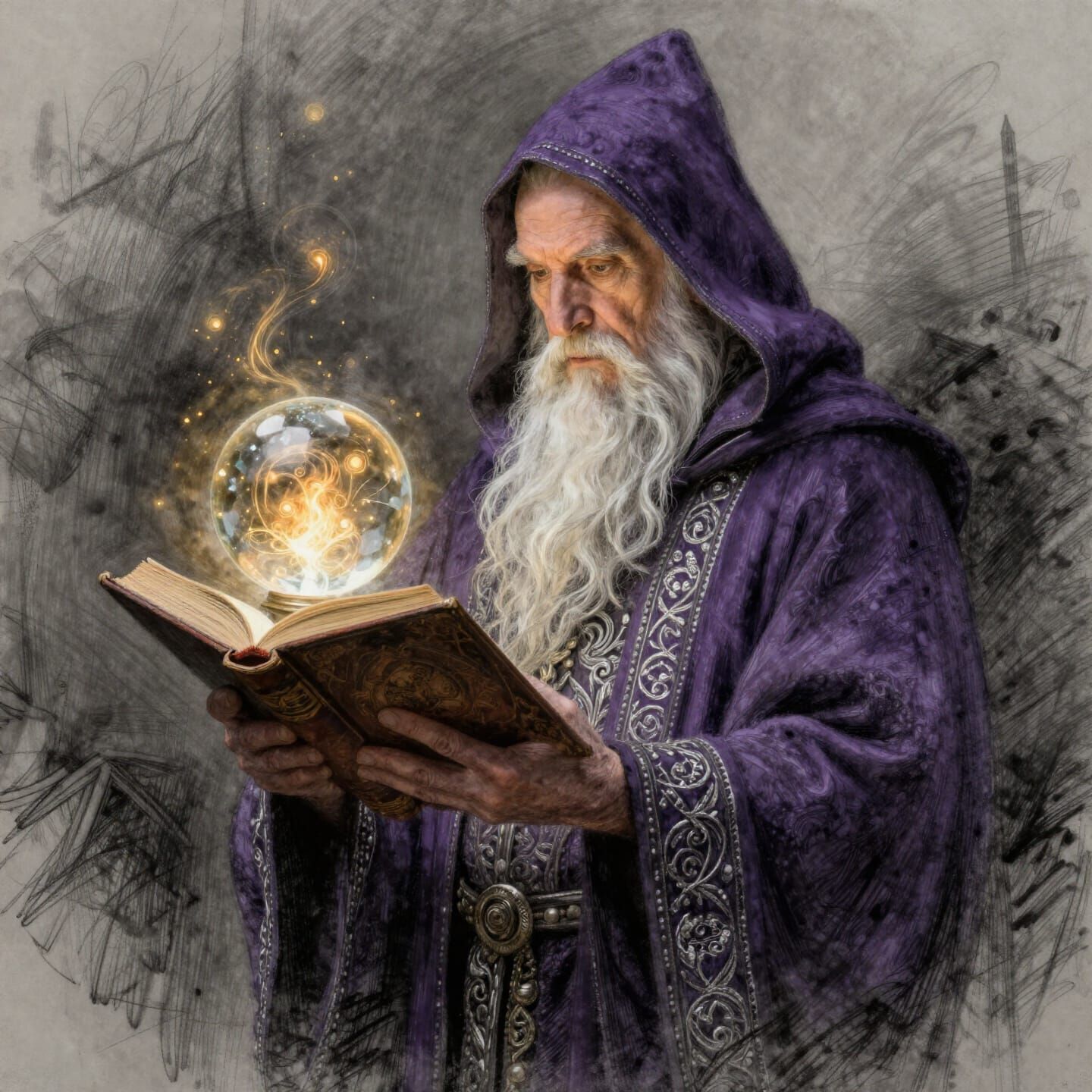 Majestic Wizard With Magical Tome and Crystal Ball