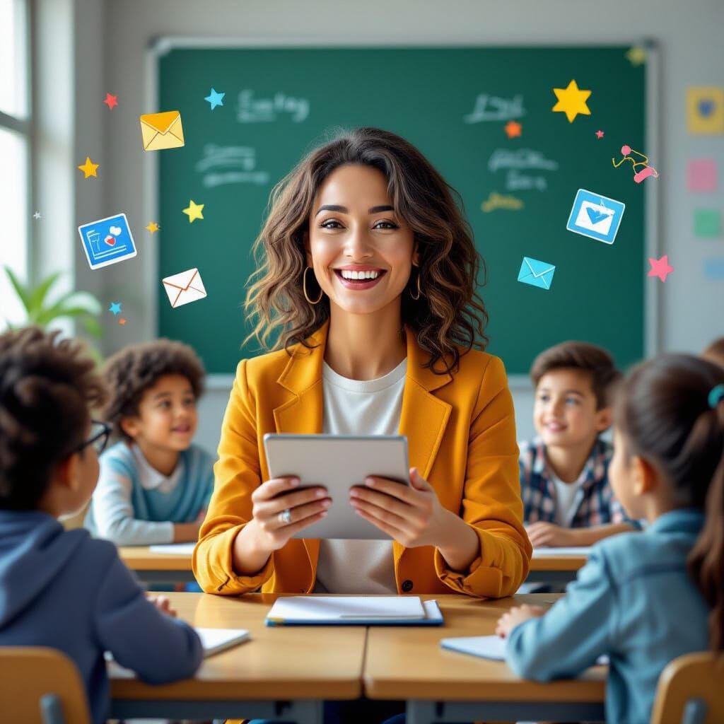 Teacher with Digital Tools in Bright Classroom