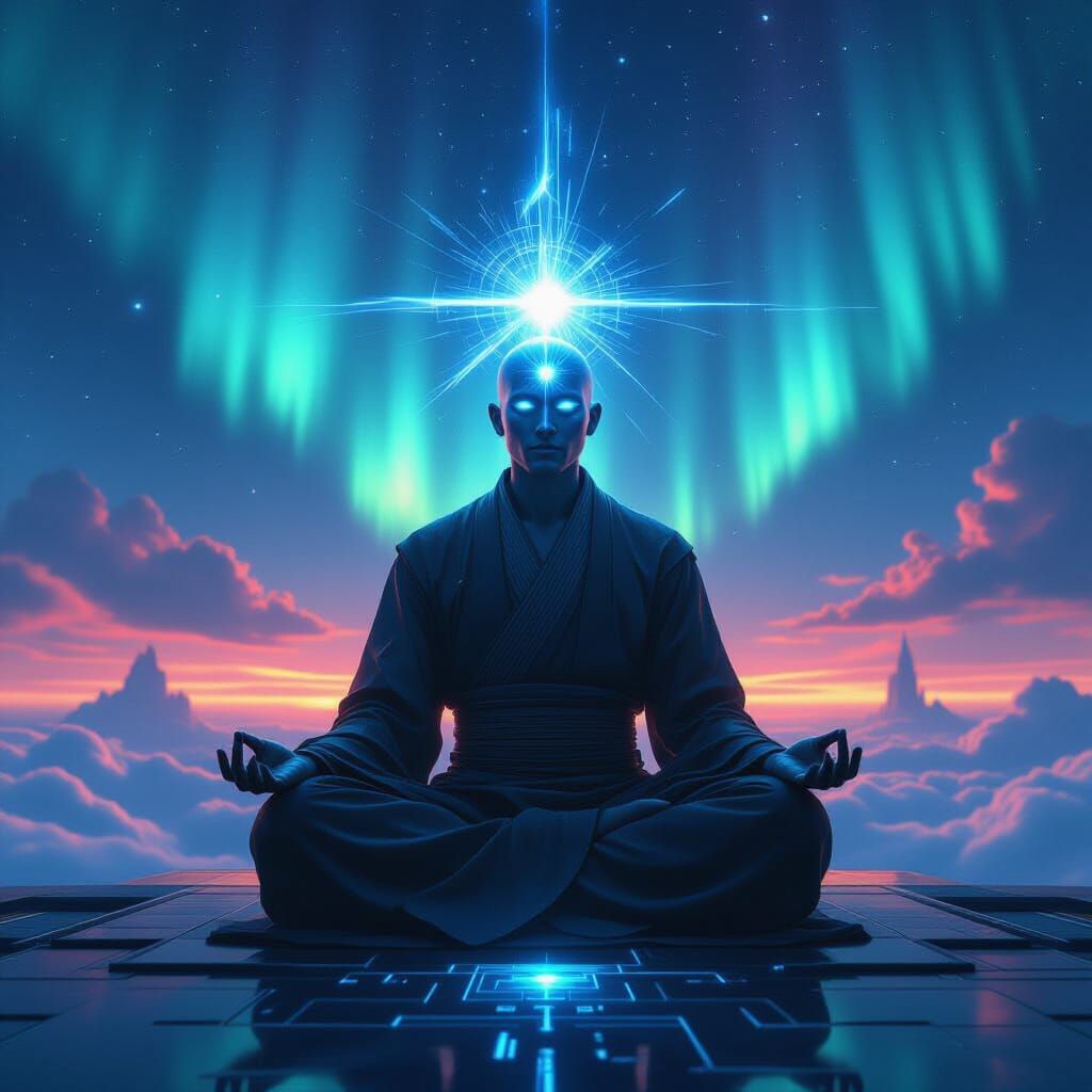 Crystalline Monk Meditating on Floating Temple