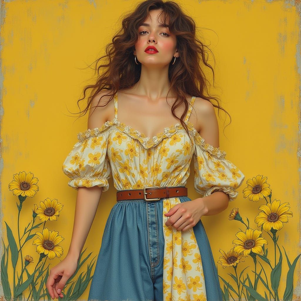 Floral Denim Dress in Art Nouveau Style