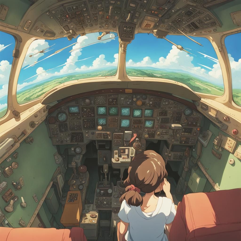 Girl Pilot in Anime Style Airplane