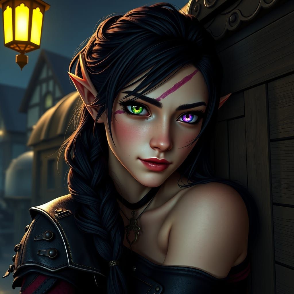 Half-Elf Rogue with Heterochromia in Dark Fantasy Style