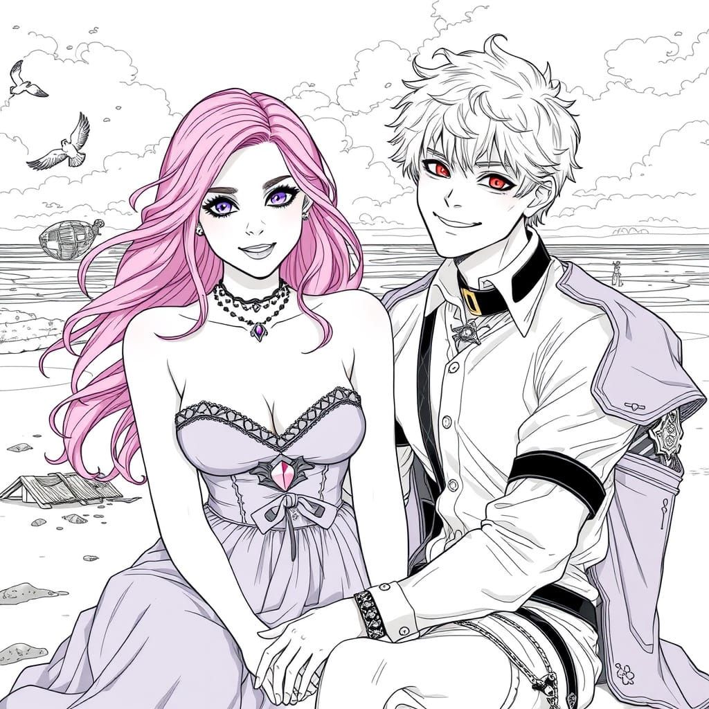 Elegant Line Art of Couple on Beach in 8K