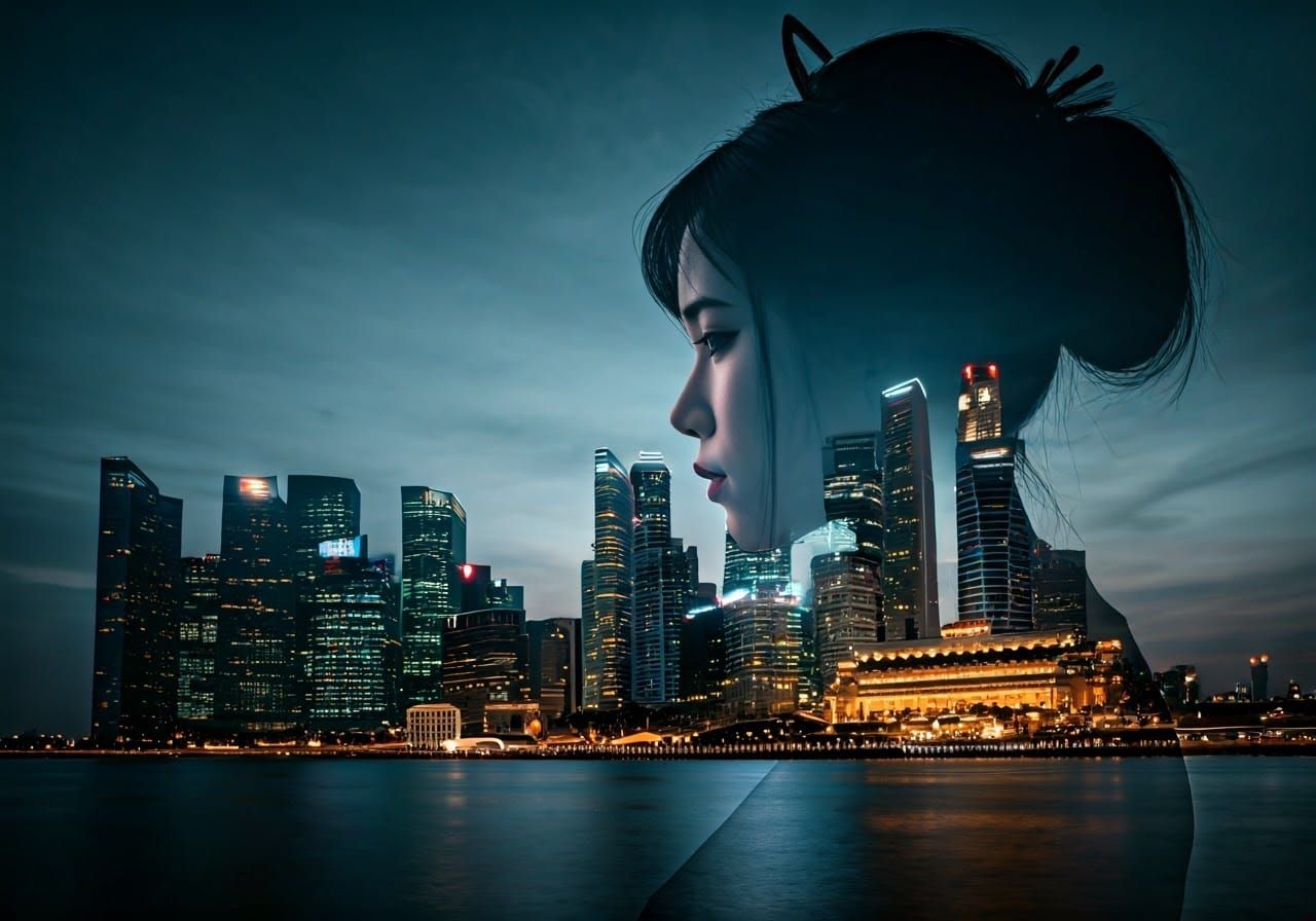 Geisha Silhouette with Singapore Skyline