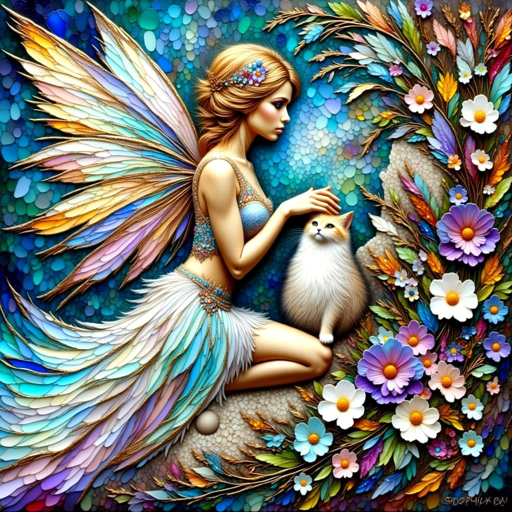 Enchanting Fairy and Cat in Impasto Oil Painting