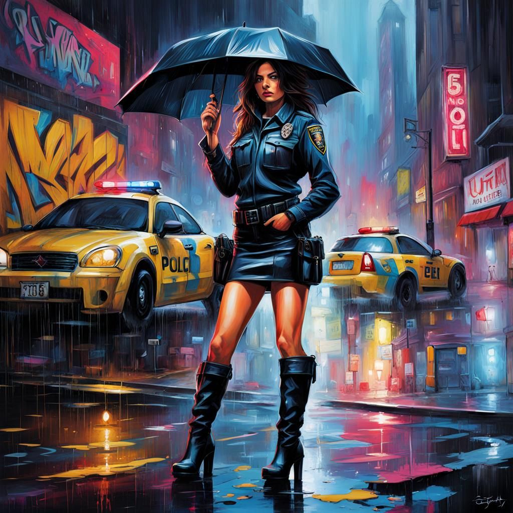 Rain-Soaked Police Women in a Neon Graffiti Alley