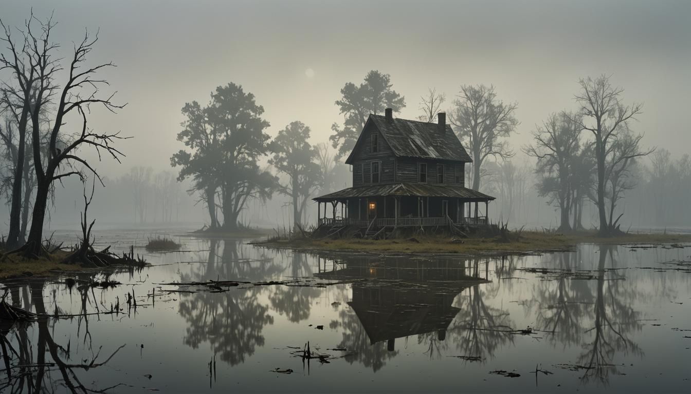 Sinister Lonely House in Foggy Swamp
