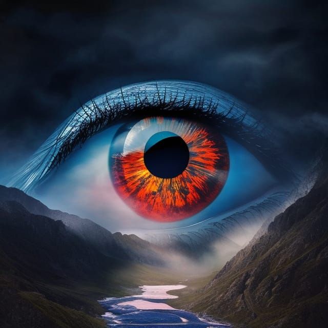 Imposing Eye Overlooks Valley: Vivid Splash Art