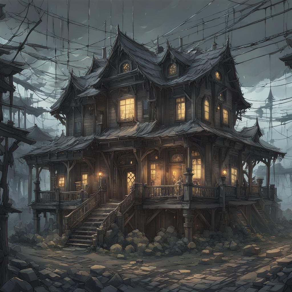 Creepy House in Post-Apocalyptic Manga Style