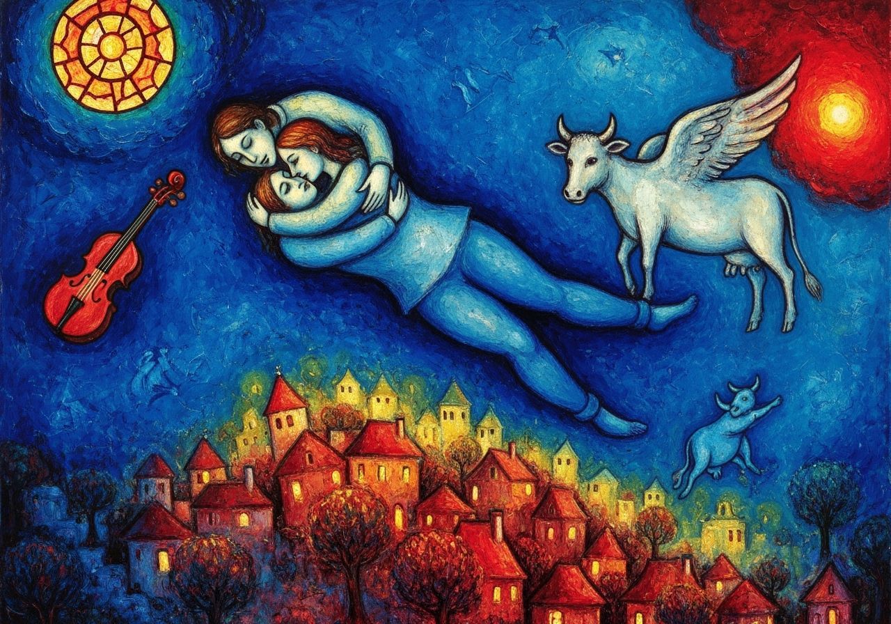 Lovers Embrace Above Dreamy Village in Chagall Style