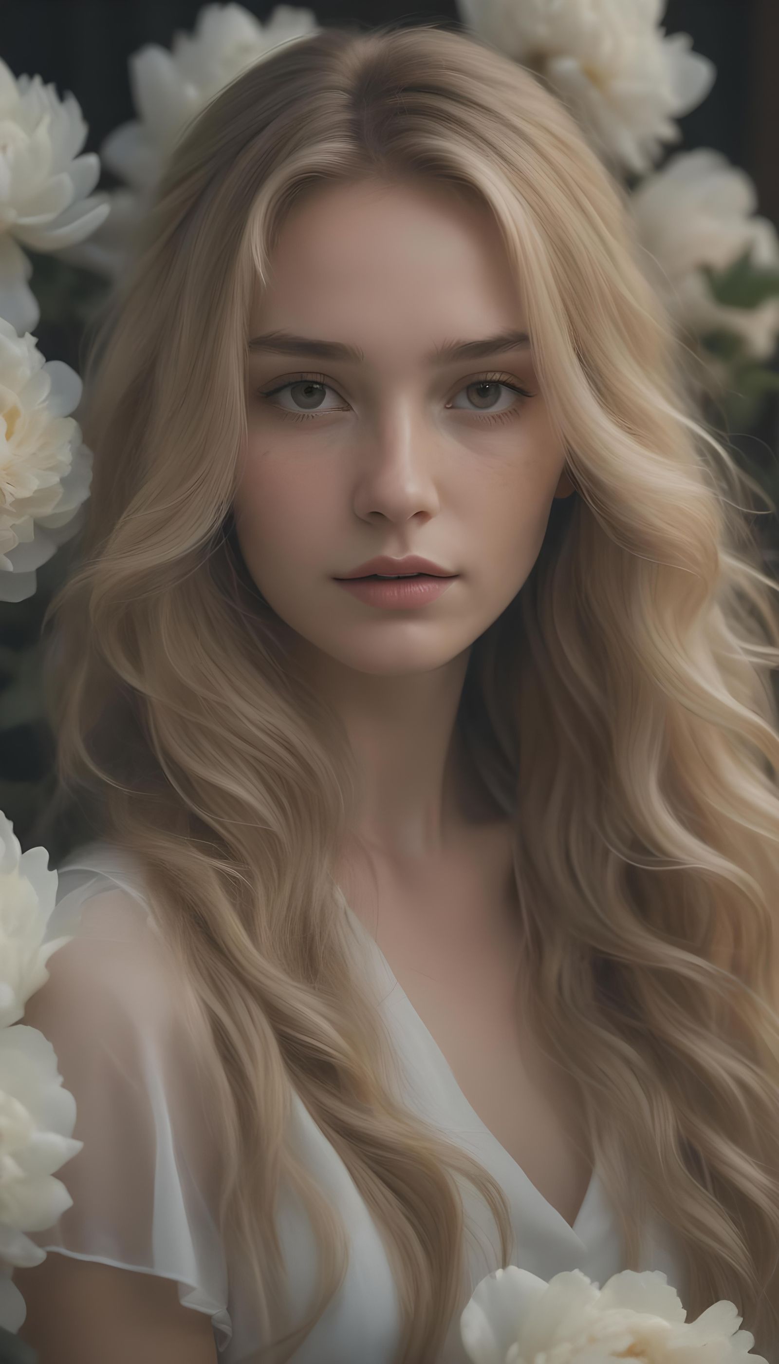 Woman with Peonies in Magical Realism Style