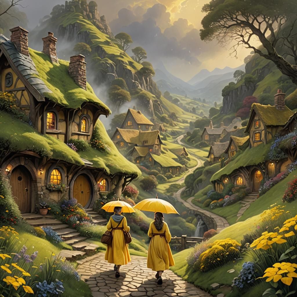 Hobbit Lady with Umbrella in Fantasy Landscape