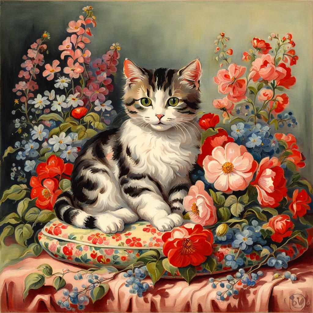 Expressionist Cat Portrait with Flowers and Heart Lights