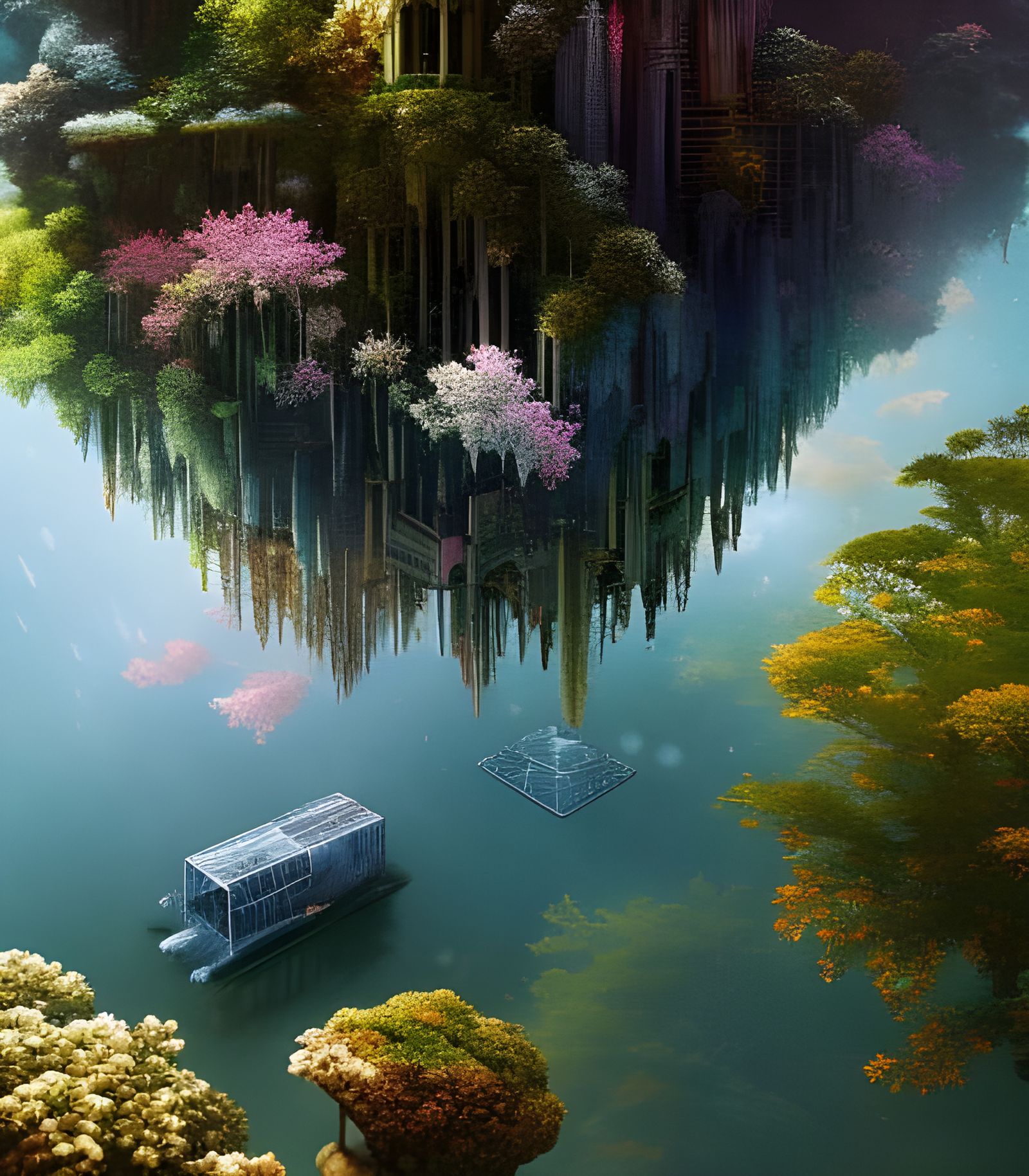 Crystal Cube on Clear Water in 3D