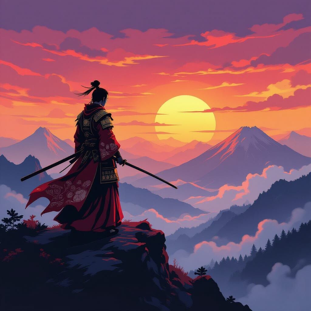 Samurai Warrior at Sunset in Ukiyo-e Style