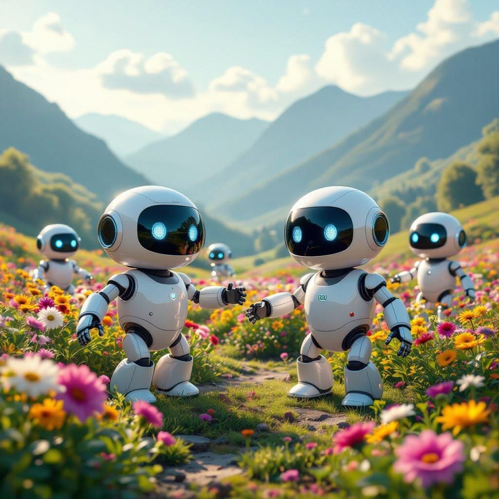 Robots Dance in Whimsical Valley with Misty Mountains