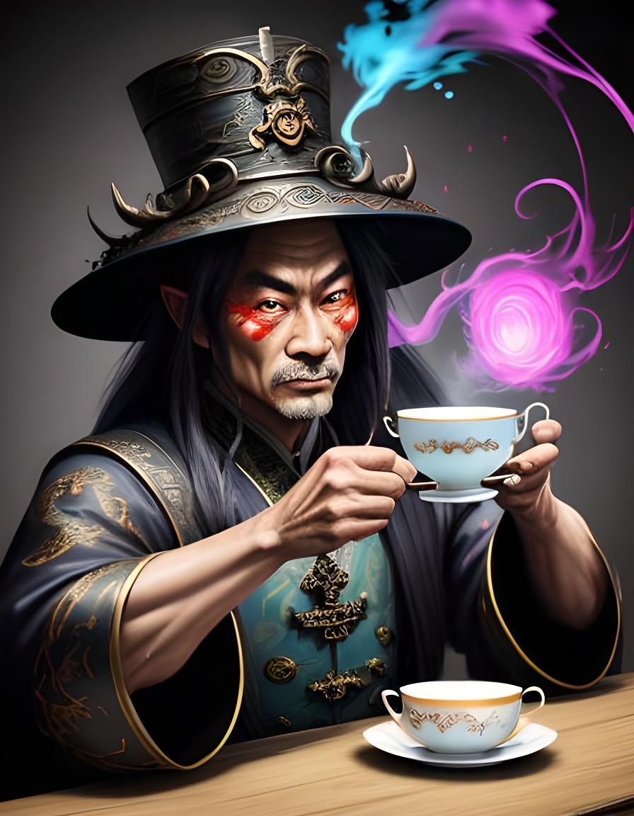 Chinese Wizard Sipping Tea in Graffiti Art Style