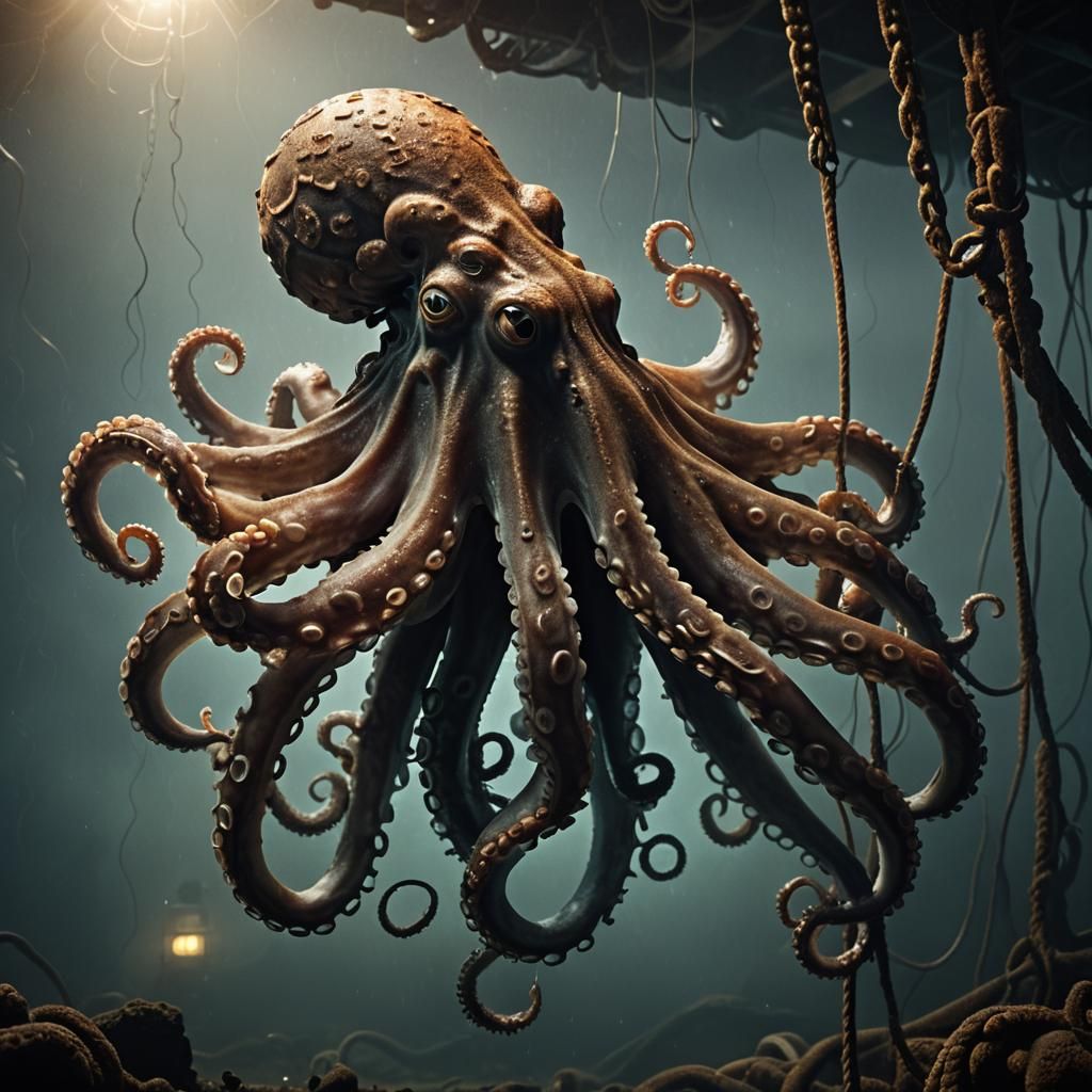Octopus Embraces Anchor in Misty Dark Academia Scene
