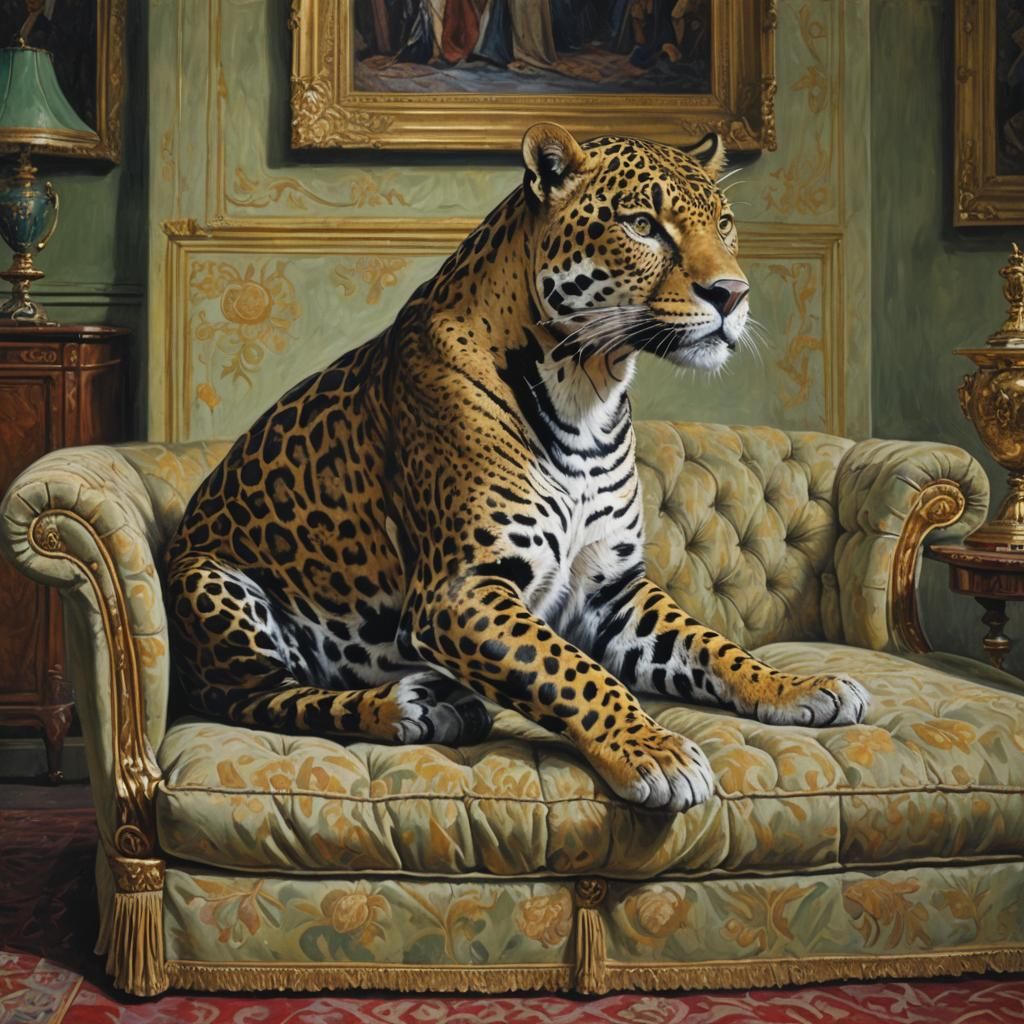 Jaguar on Royal Sofa: Oil Painting