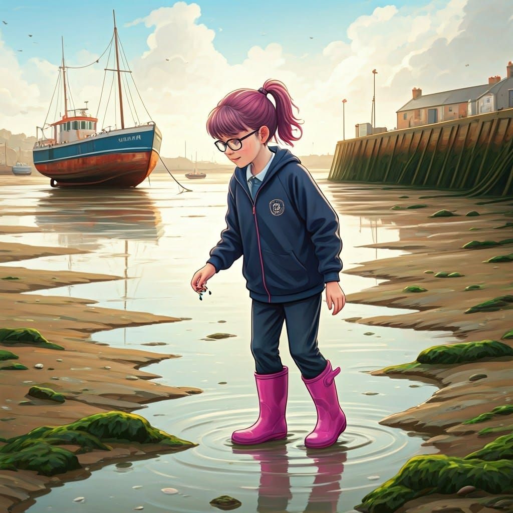 Girl Scientist in Harbor Mudflats: Impressionistic Art