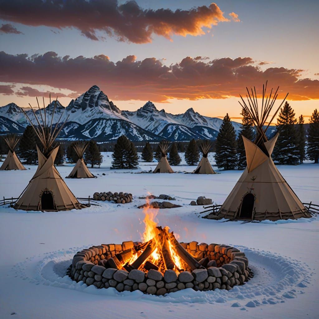 Traditional Native American Teepees Amidst Wyoming Snowscape...