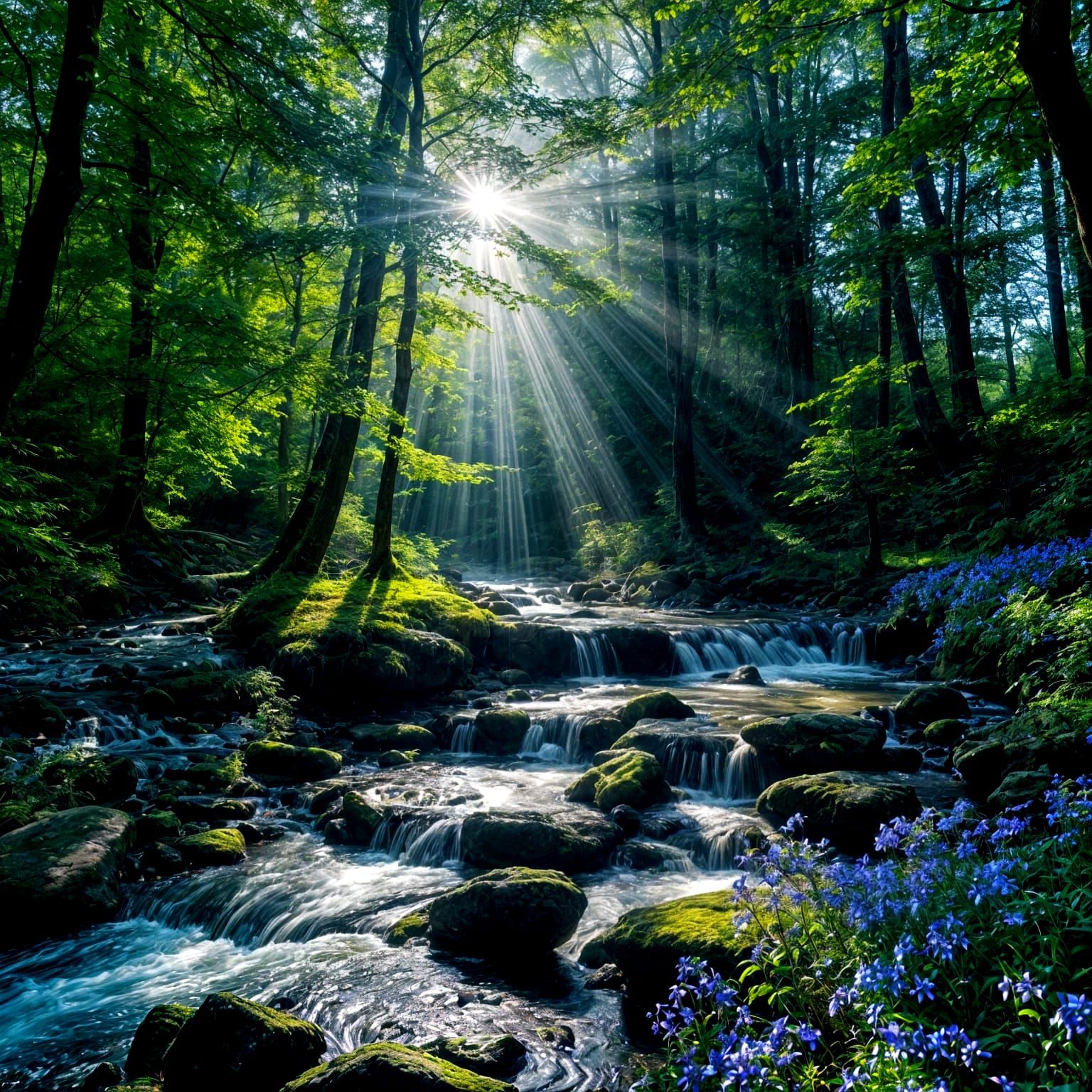 Surreal Bluebell Forest Illuminated by Golden Sunbeams