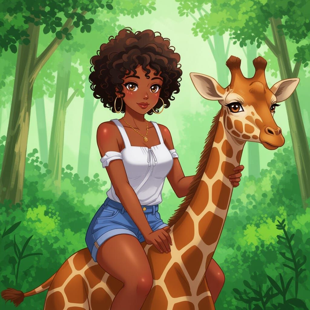 Anime Woman Rides Giraffe Through Enchanted Forest