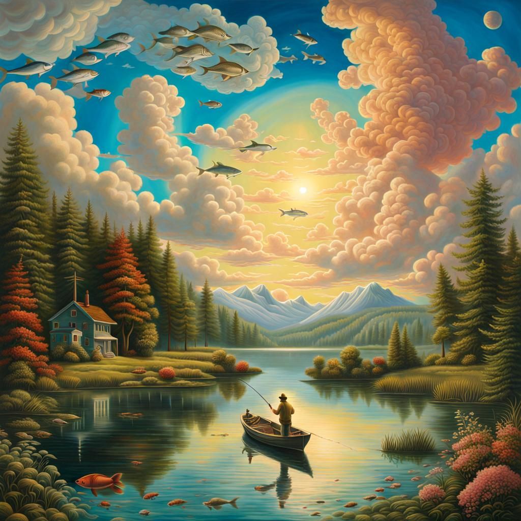 Surreal Sky-Lake Fisherman in Detailed Digital Art