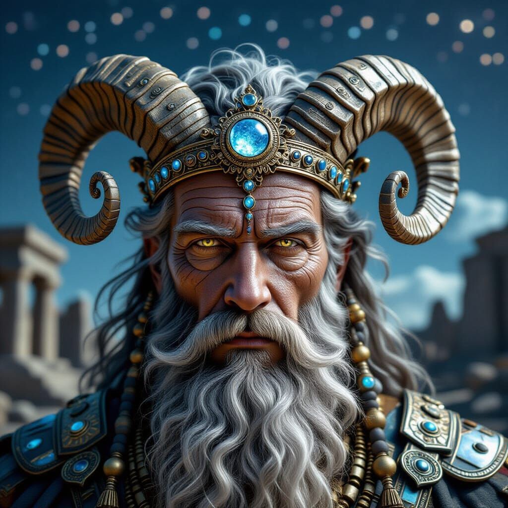Ancient Lunar Deity Portrait with Spiral Horns in 8K