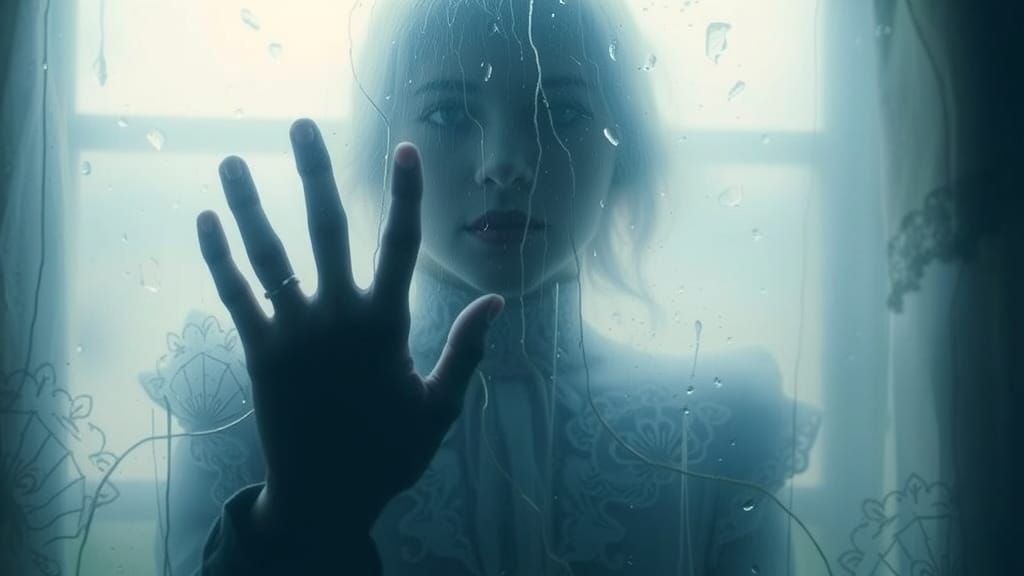 Woman Behind Antique Glass in Soft Light