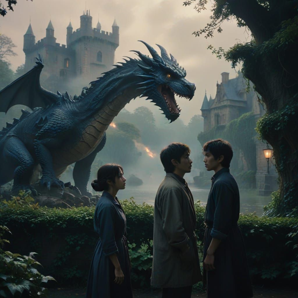 Handsome Warrior and Distraught Lady Confront a Fierce Drago...