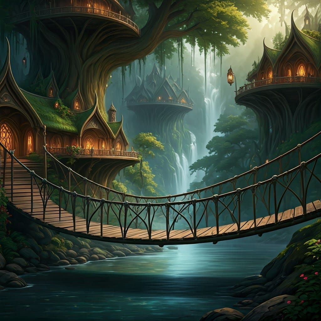 Elegant Rivendell Bridge in Whimsical Fantasy Style