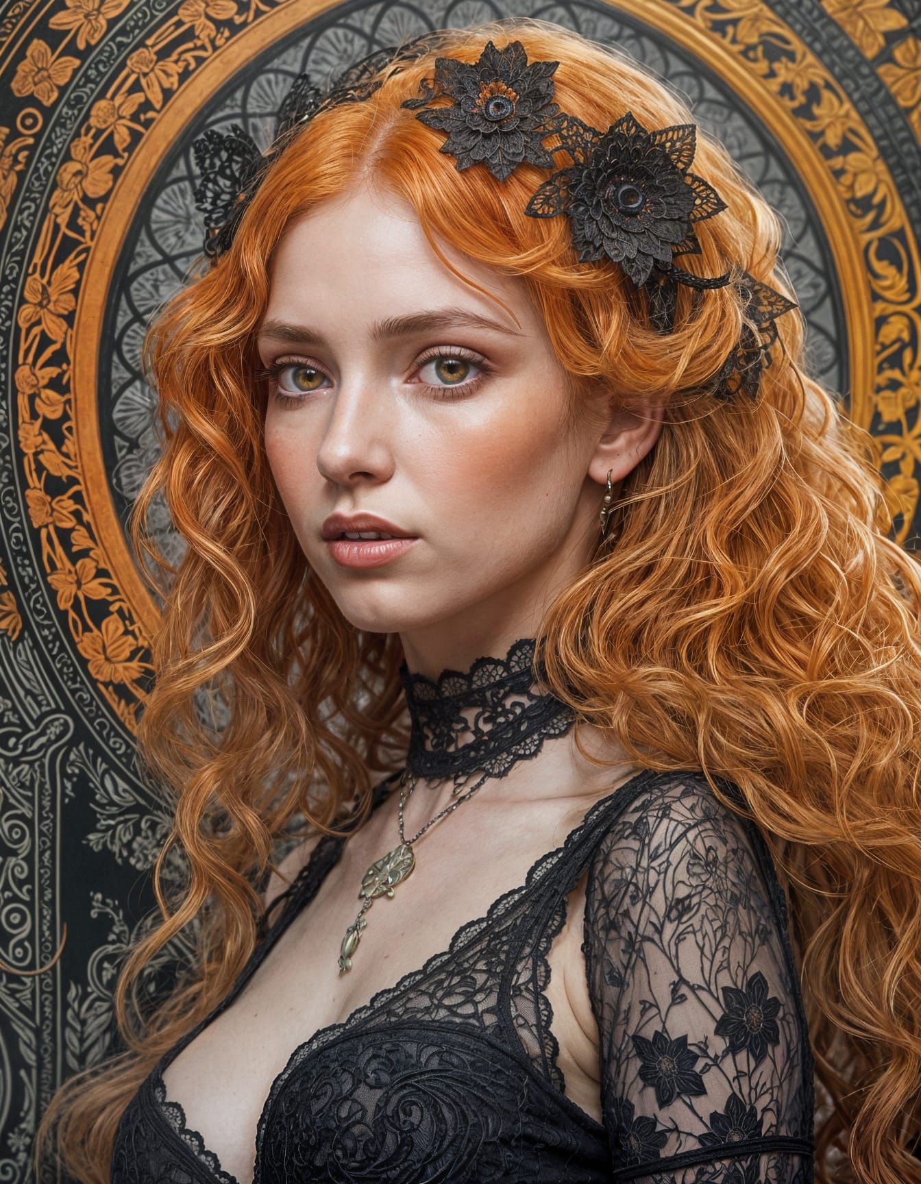 Pale Goddess with Frizzy Orange Hair and Black Lace