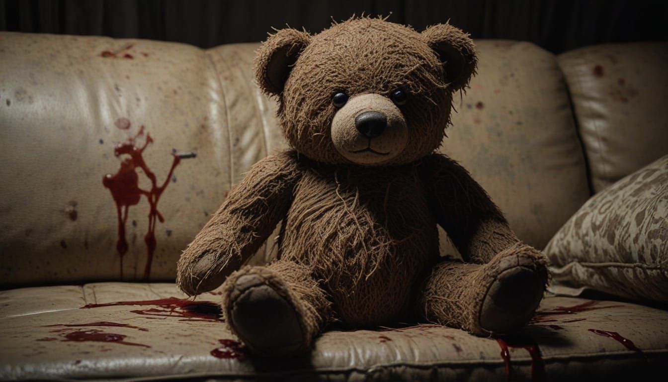 Sinister Teddy Bear in Gloomy, Creepy Atmosphere