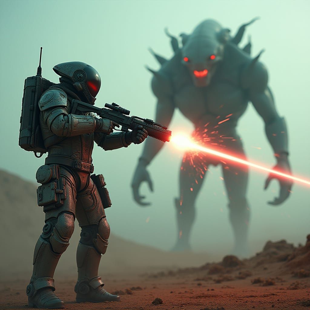 Heroic Space Soldier Battles Alien Monster in Desolate Lands...